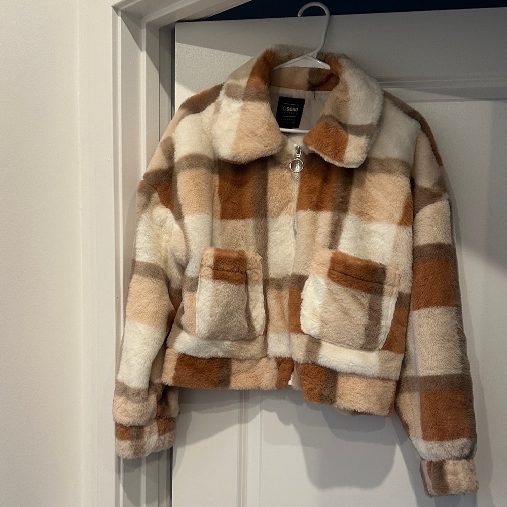 Brown and Cream Plaid Fuzzy Jacket